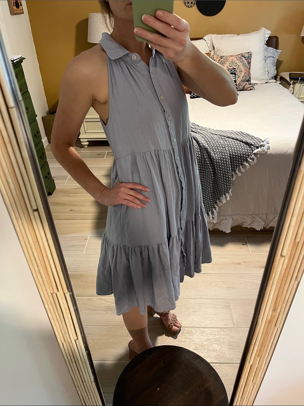Nicole Miller Sleeveless Tiered Button-Front Mini Dress in Dusty Blue